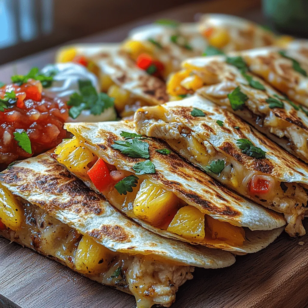 The Zesty Pineapple Chicken Quesadillas bring together an exciting array of flavors that dance on your palate. The sweetness of the pineapple beautifully complements the savory notes of shredded chicken. As they meld together, they create a scrumptious balance that is both refreshing and satisfying. The addition of bell peppers contributes a subtle crunch and a hint of earthiness, making each bite a delightful experience. Meanwhile, the melted cheese binds these ingredients together, providing a creamy texture that enhances the overall flavor.