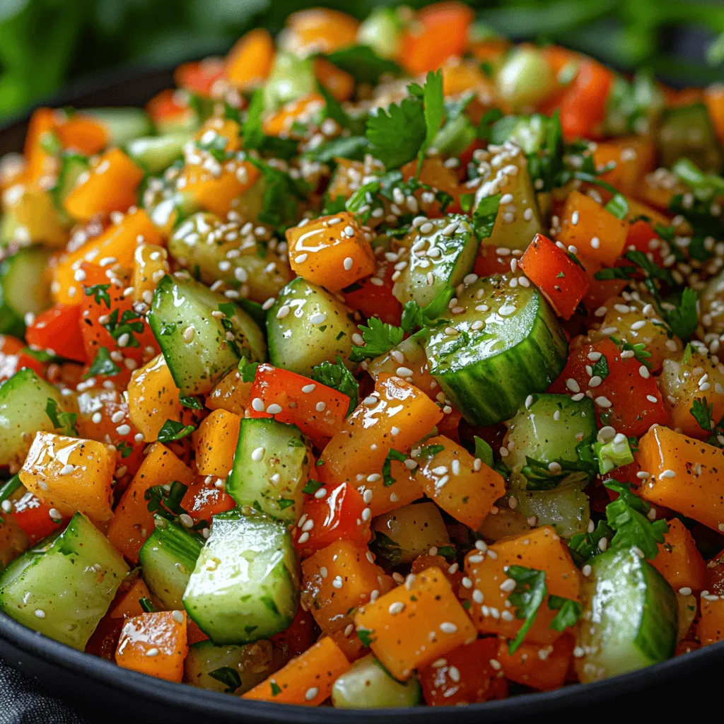 Introducing the Crunchy Asian Cucumber Carrot Slaw, a vibrant and refreshing dish that brings a burst of color and flavor to your table. This slaw is not only visually appealing with its bright greens, oranges, and reds, but it also offers a delightful combination of textures—from the crisp cucumbers and crunchy carrots to the tender bell peppers. It's a dish that embodies the essence of fresh ingredients, making it a perfect addition to any meal, whether as a side dish or a topping for tacos, grilled meats, or even sandwiches.