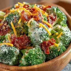 Imagine a bowl brimming with bright green broccoli florets, complemented by the savory crunch of bacon that brings depth to each bite. The tangy dressing adds a delightful kick, enhancing the flavors without overwhelming the palate. This salad is not only a feast for the eyes but is also packed with nutrients, making it a guilt-free choice that doesn’t compromise on taste. With its blend of textures—crunchy, creamy, and chewy—it provides a satisfying eating experience that keeps you coming back for more.