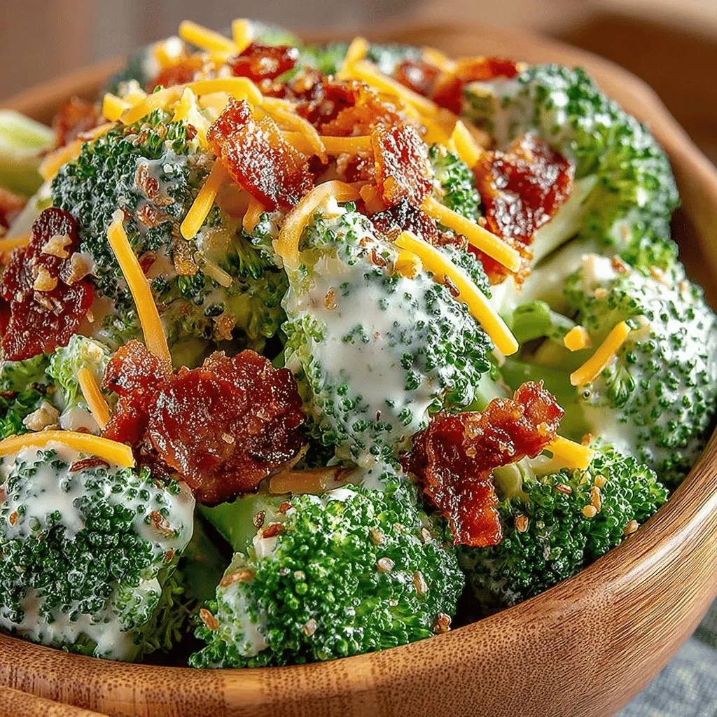 Imagine a bowl brimming with bright green broccoli florets, complemented by the savory crunch of bacon that brings depth to each bite. The tangy dressing adds a delightful kick, enhancing the flavors without overwhelming the palate. This salad is not only a feast for the eyes but is also packed with nutrients, making it a guilt-free choice that doesn’t compromise on taste. With its blend of textures—crunchy, creamy, and chewy—it provides a satisfying eating experience that keeps you coming back for more.