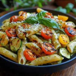 Grilled Veggie Pesto Pasta is a culinary masterpiece that combines the earthy richness of grilled vegetables with the vibrant, herbaceous notes of homemade pesto. This dish is not only a feast for the eyes with its array of colors and textures but also a nourishing option that can cater to various occasions, from casual family dinners to elegant gatherings. The beauty of this recipe lies in its flexibility; it can be customized to include your favorite vegetables and adjusted to suit your taste preferences, making it a staple in any home cook's repertoire.