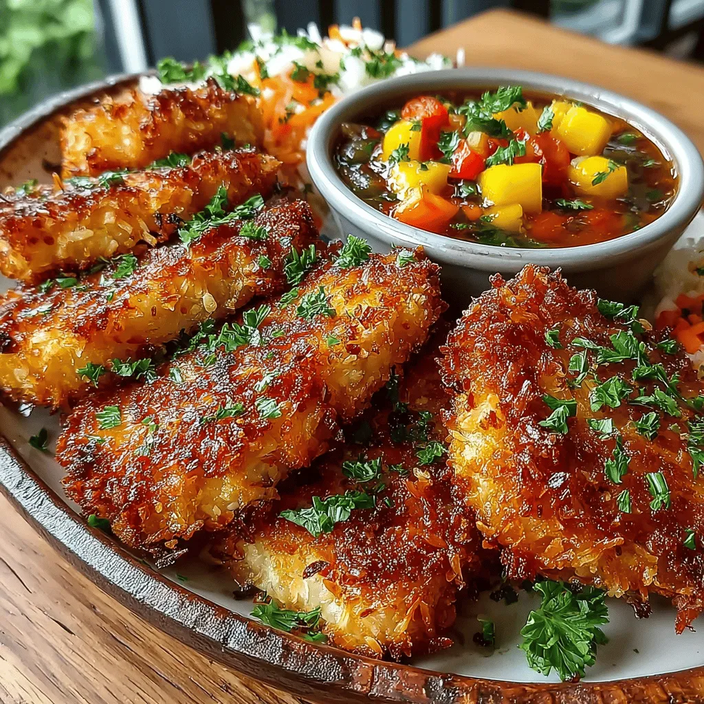 Crispy Coconut Chicken with Chili Mango Dip is a delightful dish that brilliantly marries the crunchiness of coconut-breaded chicken with the sweet and spicy notes of a vibrant mango dip. This recipe has gained popularity for its irresistible flavor profile and satisfying texture, making it a favorite among both adults and children. The combination of crispy exterior and tender, juicy chicken inside is sure to please any palate, while the refreshing dip adds an extra layer of complexity that elevates the dish.