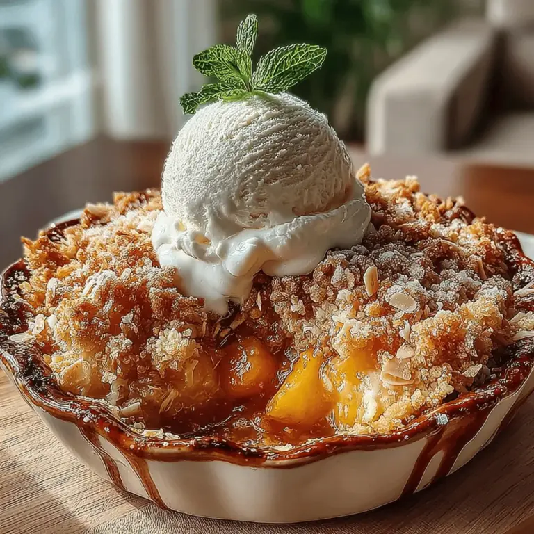 Once your peach filling is beautifully prepared and fragrant, it’s time to bring the Tropical Paradise Coconut Peach Crisp together. Start by evenly sprinkling your prepared coconut-oat mixture over the peach filling in the baking dish. This layering is crucial; it ensures that every bite of the crisp is packed with flavor and texture. The coconut and oats create a delightful contrast to the juicy peaches beneath, providing a satisfying crunch that perfectly complements the soft fruit.