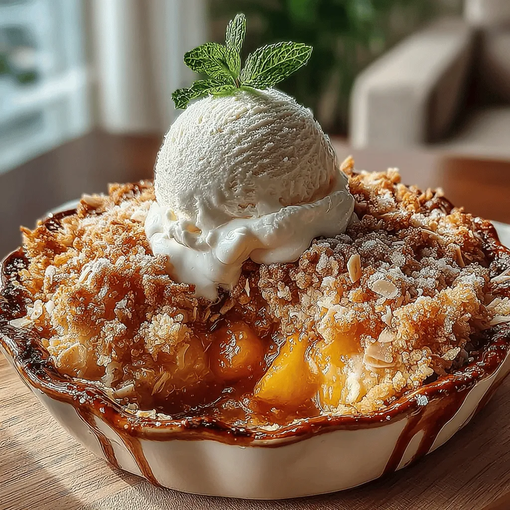 Once your peach filling is beautifully prepared and fragrant, it’s time to bring the Tropical Paradise Coconut Peach Crisp together. Start by evenly sprinkling your prepared coconut-oat mixture over the peach filling in the baking dish. This layering is crucial; it ensures that every bite of the crisp is packed with flavor and texture. The coconut and oats create a delightful contrast to the juicy peaches beneath, providing a satisfying crunch that perfectly complements the soft fruit.