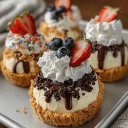 Once your mini ice cream pies are fully assembled, it’s time to elevate their taste and presentation with a delicious drizzle. Hot fudge or caramel sauce are classic choices that bring warmth and sweetness, perfectly complementing the cold ice cream.