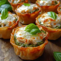 To craft the perfect filling for your mini chicken wonton cups, start by combining shredded chicken, fresh pesto, cream cheese, and grated Parmesan in a mixing bowl. For optimal flavor, it’s essential to mix the ingredients thoroughly. Using a fork or spatula, blend the mixture until it’s creamy and even. This ensures that every bite is packed with flavor and that the chicken is evenly distributed.
