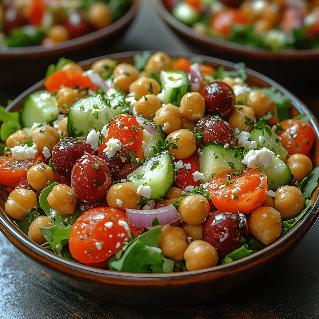 - 1 can (15 oz) chickpeas, drained and rinsed - 1 cup cherry tomatoes, halved - 1 cucumber, diced - 1 red bell pepper, diced - 1/2 red onion, finely chopped - 1/2 cup Kalamata olives, pitted and halved - 1/2 cup feta cheese (optional), crumbled - 1/4 cup fresh parsley, chopped