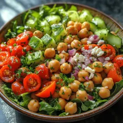 - 1 can (15 oz) chickpeas, drained and rinsed - 1 cup cherry tomatoes, halved - 1 cucumber, diced - 1 red bell pepper, diced - 1/2 red onion, finely chopped - 1/2 cup Kalamata olives, pitted and halved - 1/2 cup feta cheese (optional), crumbled - 1/4 cup fresh parsley, chopped