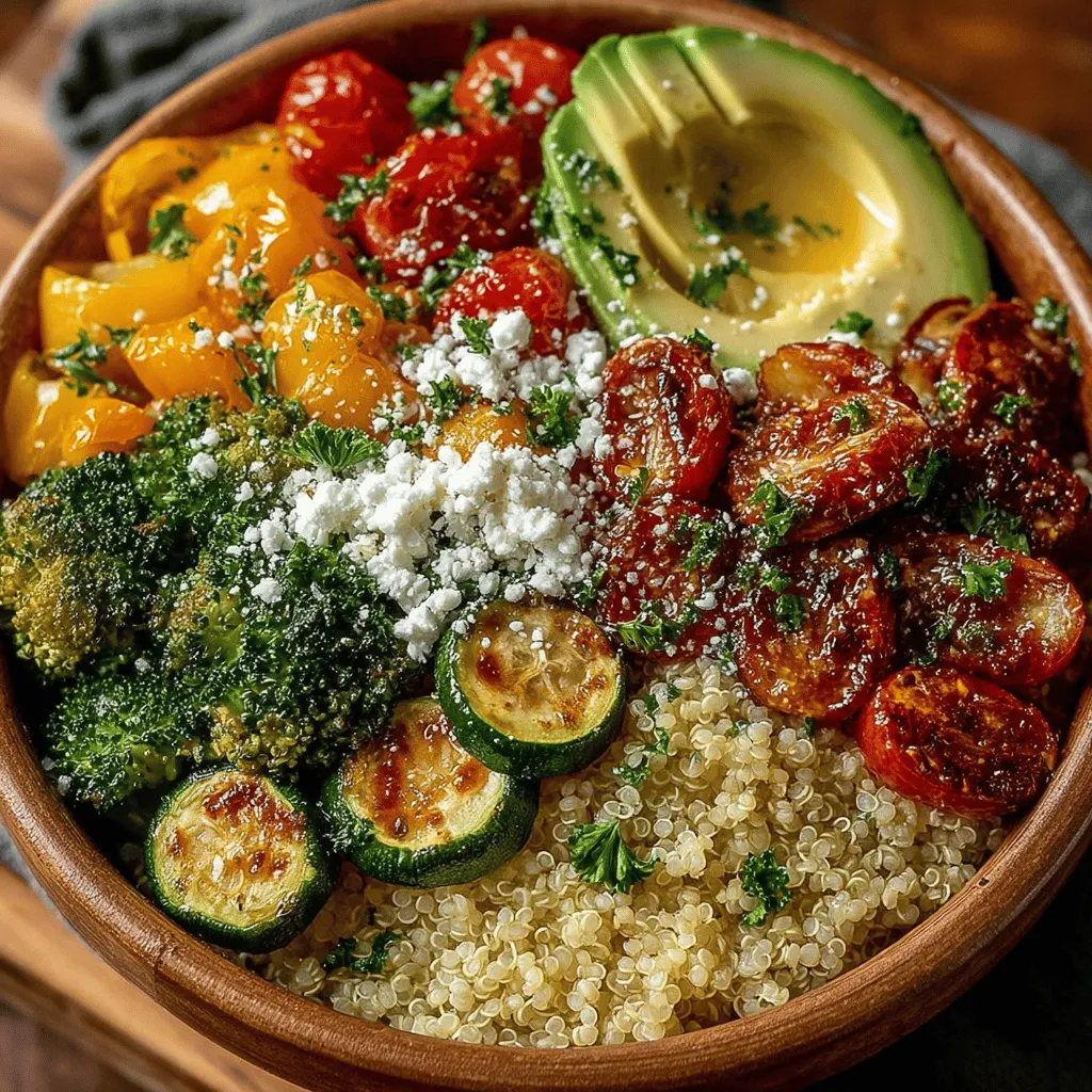 - 1 cup quinoa - 2 cups vegetable broth or water - 1 cup broccoli florets - 1 medium zucchini, sliced - 1 red bell pepper, diced - 1 yellow bell pepper, diced - 1 cup cherry tomatoes, halved - 1 tablespoon olive oil - Salt and pepper to taste - 1 avocado, sliced - Optional: crumbled feta cheese for topping - Fresh herbs (like parsley or cilantro) for garnish