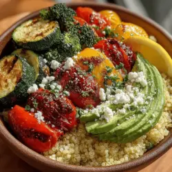 - 1 cup quinoa - 2 cups vegetable broth or water - 1 cup broccoli florets - 1 medium zucchini, sliced - 1 red bell pepper, diced - 1 yellow bell pepper, diced - 1 cup cherry tomatoes, halved - 1 tablespoon olive oil - Salt and pepper to taste - 1 avocado, sliced - Optional: crumbled feta cheese for topping - Fresh herbs (like parsley or cilantro) for garnish