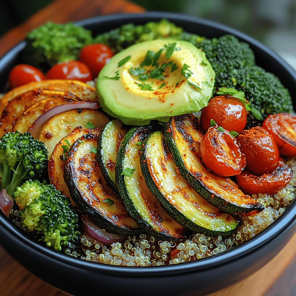 - 1 cup quinoa - 2 cups vegetable broth or water - 1 medium zucchini, diced - 1 red bell pepper, diced - 1 cup cherry tomatoes, halved - 1 medium red onion, sliced - 1 cup broccoli florets - 2 tablespoons olive oil - 1 teaspoon garlic powder - 1 teaspoon paprika - Salt and pepper, to taste - Fresh parsley, for garnish - Optional toppings: avocado slices, hummus, or tahini dressing