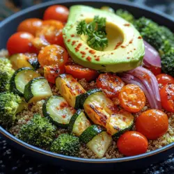 - 1 cup quinoa - 2 cups vegetable broth or water - 1 medium zucchini, diced - 1 red bell pepper, diced - 1 cup cherry tomatoes, halved - 1 medium red onion, sliced - 1 cup broccoli florets - 2 tablespoons olive oil - 1 teaspoon garlic powder - 1 teaspoon paprika - Salt and pepper, to taste - Fresh parsley, for garnish - Optional toppings: avocado slices, hummus, or tahini dressing