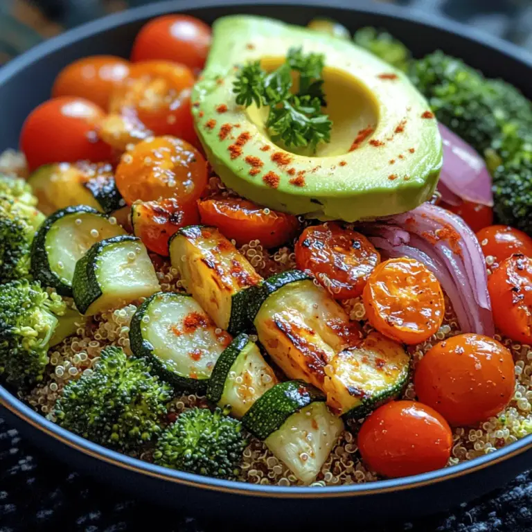 - 1 cup quinoa - 2 cups vegetable broth or water - 1 medium zucchini, diced - 1 red bell pepper, diced - 1 cup cherry tomatoes, halved - 1 medium red onion, sliced - 1 cup broccoli florets - 2 tablespoons olive oil - 1 teaspoon garlic powder - 1 teaspoon paprika - Salt and pepper, to taste - Fresh parsley, for garnish - Optional toppings: avocado slices, hummus, or tahini dressing