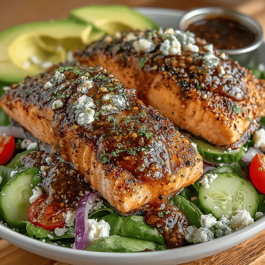 - 2 salmon fillets (6 oz each) - 2 tablespoons honey - 1 tablespoon Dijon mustard - 1 tablespoon soy sauce - Salt and pepper to taste - 4 cups mixed salad greens (spinach, arugula, and romaine) - 1 cup cherry tomatoes, halved - 1/2 cucumber, sliced - 1/4 red onion, thinly sliced - 1/2 cup feta cheese, crumbled - 2 tablespoons balsamic vinaigrette