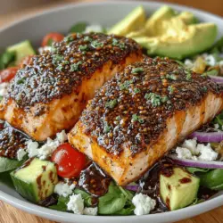 - 2 salmon fillets (6 oz each) - 2 tablespoons honey - 1 tablespoon Dijon mustard - 1 tablespoon soy sauce - Salt and pepper to taste - 4 cups mixed salad greens (spinach, arugula, and romaine) - 1 cup cherry tomatoes, halved - 1/2 cucumber, sliced - 1/4 red onion, thinly sliced - 1/2 cup feta cheese, crumbled - 2 tablespoons balsamic vinaigrette