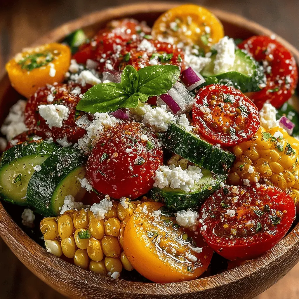 - 2 cups heirloom tomatoes, diced - 1 cup sweet corn, fresh or grilled - 1/2 cup cherry tomatoes, halved - 1 small cucumber, diced - 1/4 cup red onion, finely chopped - 1/4 cup fresh basil leaves, chopped - 1/2 cup feta cheese, crumbled (optional) - 3 tablespoons extra virgin olive oil - 2 tablespoons red wine vinegar - 1 tablespoon honey - Salt and pepper to taste