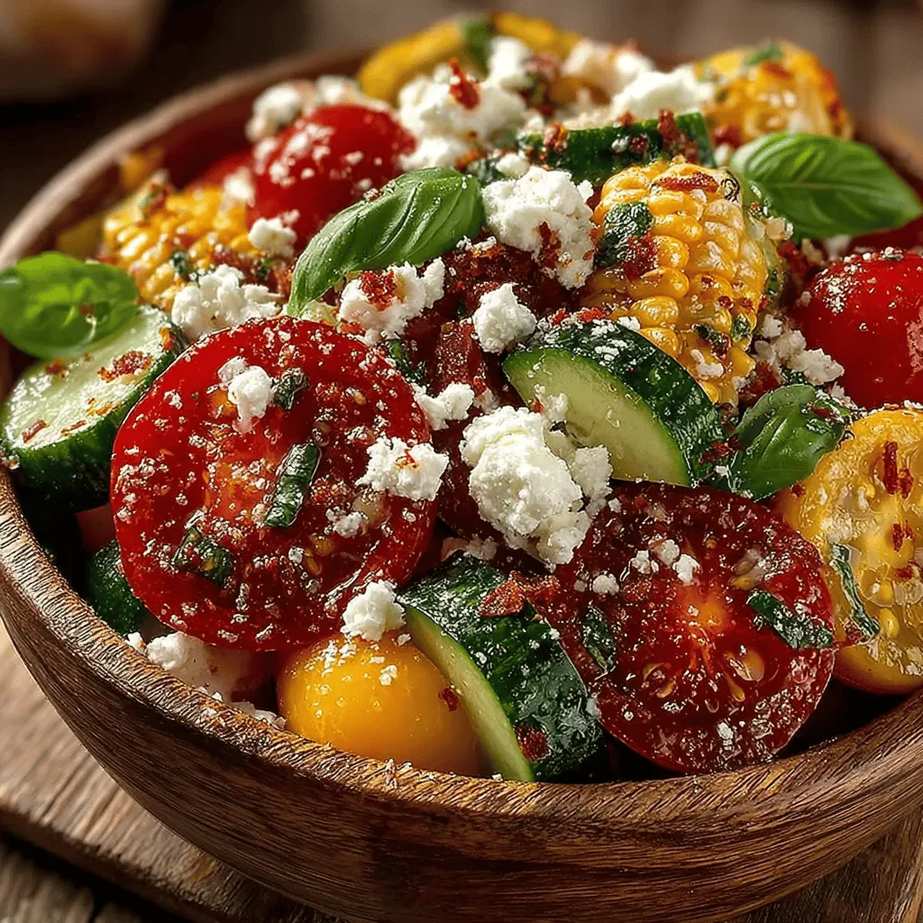 - 2 cups heirloom tomatoes, diced - 1 cup sweet corn, fresh or grilled - 1/2 cup cherry tomatoes, halved - 1 small cucumber, diced - 1/4 cup red onion, finely chopped - 1/4 cup fresh basil leaves, chopped - 1/2 cup feta cheese, crumbled (optional) - 3 tablespoons extra virgin olive oil - 2 tablespoons red wine vinegar - 1 tablespoon honey - Salt and pepper to taste