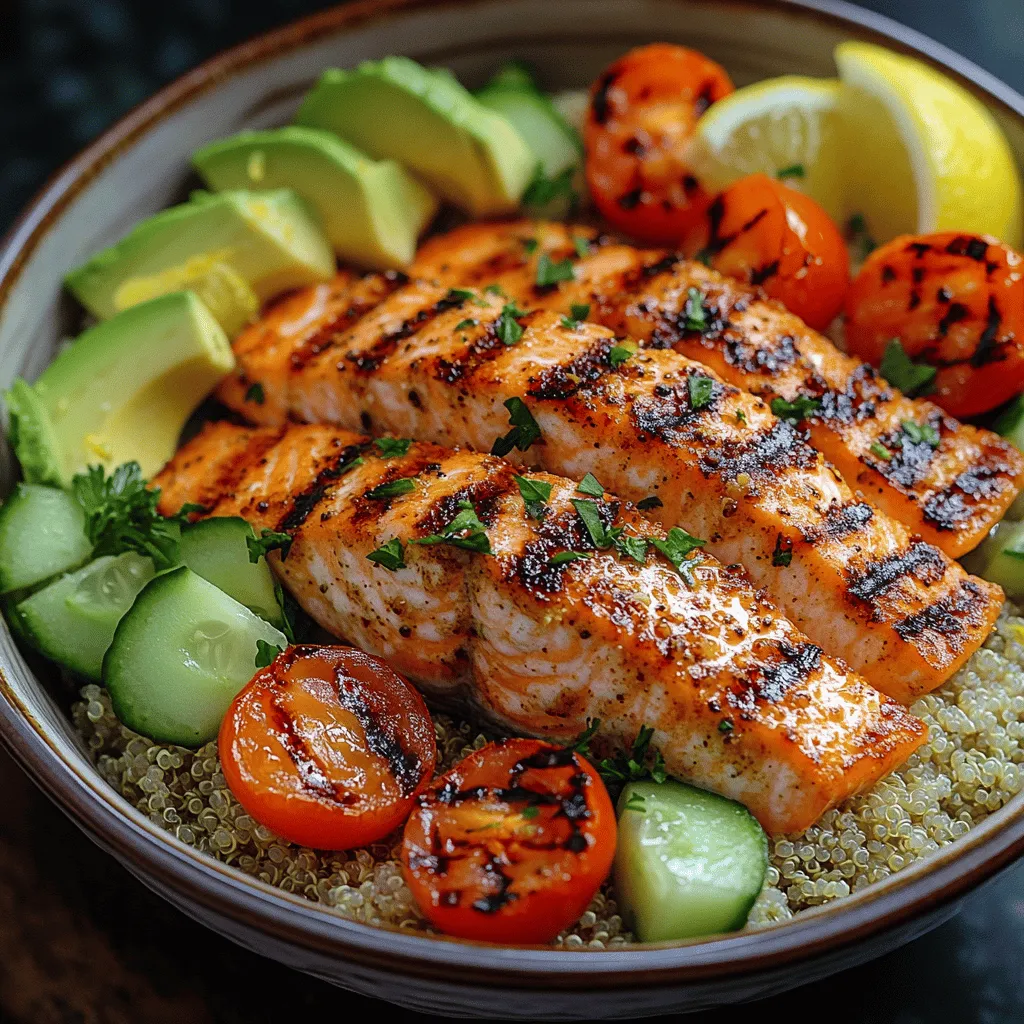 Grilled Lemon Garlic Salmon Bowls are a delightful fusion of flavors and health benefits, making them an ideal meal for any occasion. This dish seamlessly marries the rich, buttery taste of salmon with the zesty brightness of fresh lemon and the aromatic essence of garlic. The result is a wholesome bowl that not only satisfies the palate but also nourishes the body. Packed with protein, healthy fats, and vibrant vegetables, these bowls are perfect for a satisfying lunch or dinner, whether you’re preparing a family meal or looking for something quick and nutritious after a busy day.