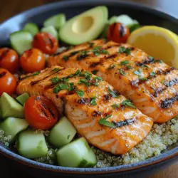 Grilled Lemon Garlic Salmon Bowls are a delightful fusion of flavors and health benefits, making them an ideal meal for any occasion. This dish seamlessly marries the rich, buttery taste of salmon with the zesty brightness of fresh lemon and the aromatic essence of garlic. The result is a wholesome bowl that not only satisfies the palate but also nourishes the body. Packed with protein, healthy fats, and vibrant vegetables, these bowls are perfect for a satisfying lunch or dinner, whether you’re preparing a family meal or looking for something quick and nutritious after a busy day.