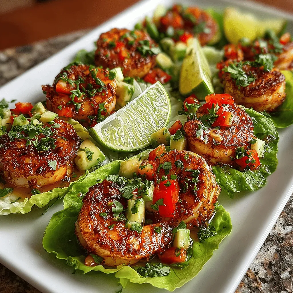 - 1 pound large shrimp, peeled and deveined - 4 cloves fresh garlic, minced - Juice and zest of 2 limes - 2 tablespoons olive oil - 1 tablespoon honey - 1 teaspoon chili powder - 1 red bell pepper, thinly sliced - 1 cucumber, julienned - 1 ripe avocado, diced - Fresh cilantro, for garnish - Butter or romaine lettuce leaves, for wrapping