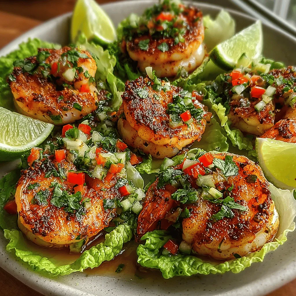 - 1 pound large shrimp, peeled and deveined - 4 cloves fresh garlic, minced - Juice and zest of 2 limes - 2 tablespoons olive oil - 1 tablespoon honey - 1 teaspoon chili powder - 1 red bell pepper, thinly sliced - 1 cucumber, julienned - 1 ripe avocado, diced - Fresh cilantro, for garnish - Butter or romaine lettuce leaves, for wrapping