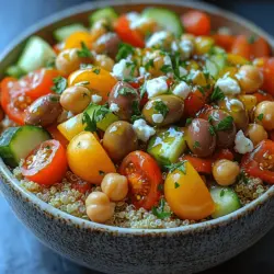 - 1 cup cooked quinoa or bulgur - 1 can (15 oz) chickpeas, drained and rinsed - 1 cup cherry tomatoes, halved - 1 cucumber, diced - 1 small red onion, finely chopped - 1 bell pepper (any color), diced - ½ cup Kalamata olives, pitted and sliced - ½ cup feta cheese, crumbled (optional) - ¼ cup fresh parsley, chopped - 3 tablespoons olive oil - 2 tablespoons red wine vinegar - Juice of 1 lemon - Salt and pepper to taste