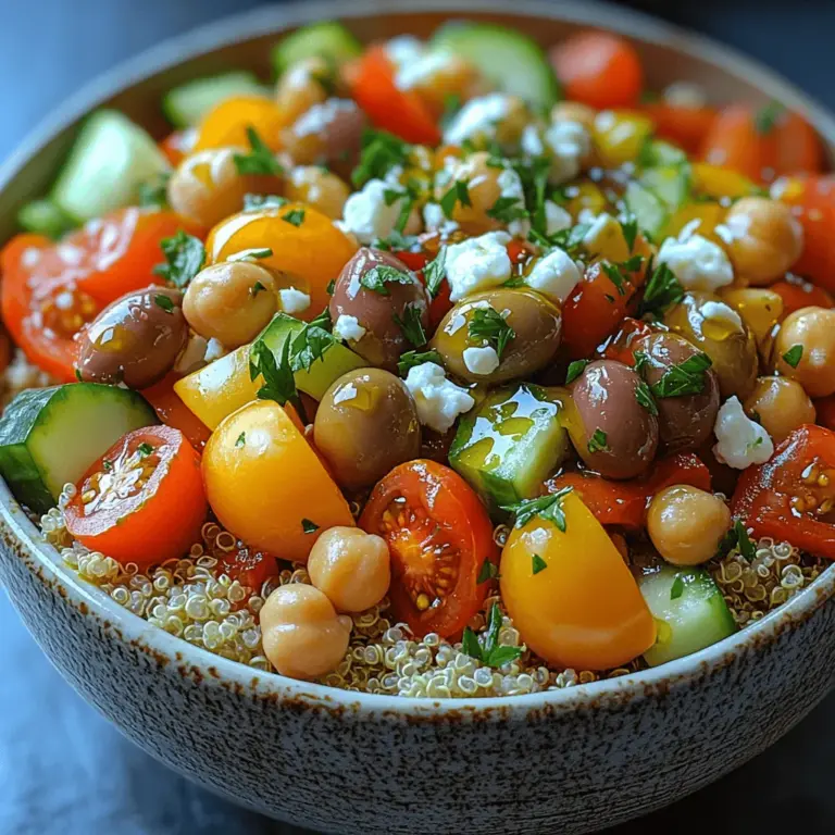 - 1 cup cooked quinoa or bulgur - 1 can (15 oz) chickpeas, drained and rinsed - 1 cup cherry tomatoes, halved - 1 cucumber, diced - 1 small red onion, finely chopped - 1 bell pepper (any color), diced - ½ cup Kalamata olives, pitted and sliced - ½ cup feta cheese, crumbled (optional) - ¼ cup fresh parsley, chopped - 3 tablespoons olive oil - 2 tablespoons red wine vinegar - Juice of 1 lemon - Salt and pepper to taste