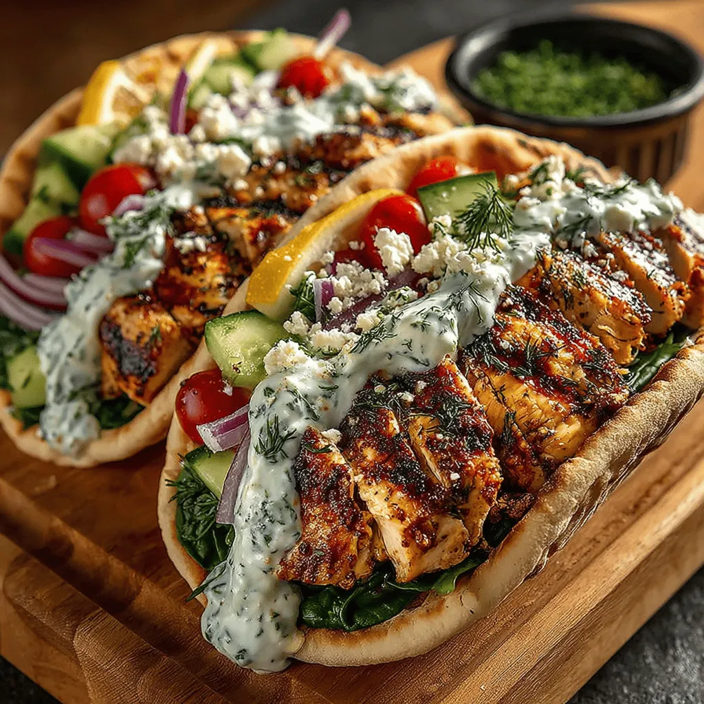 - 2 boneless, skinless chicken breasts - 1/4 cup olive oil - 3 cloves garlic, minced - Juice of 1 lemon - 1 tablespoon dried oregano - 1 teaspoon smoked paprika - Salt and pepper to taste - 4 whole wheat or regular pita bread - 1 cup Greek yogurt - 1/2 cucumber, finely diced - 1/4 red onion, thinly sliced - 1 cup cherry tomatoes, halved - 1/2 cup feta cheese, crumbled - Fresh parsley for garnish