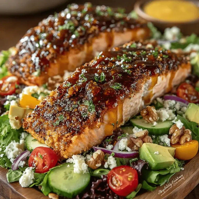 Welcome to a culinary adventure that combines the wholesome goodness of salmon with the vibrant flavors of fresh vegetables. The Honey Mustard Glazed Salmon Salad is more than just a meal; it's an experience that delights the senses and nourishes the body. This recipe artfully balances the rich, buttery taste of salmon with a sweet and tangy honey mustard glaze, creating a dish that is as visually appealing as it is delicious. Whether you’re looking for a nutritious lunch option, a light dinner, or a stunning dish to impress guests, this salad fits the bill perfectly.