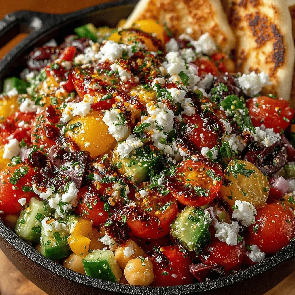 - 1 can (15 oz) chickpeas, drained and rinsed - 1 cup cherry tomatoes, halved - 1 cucumber, diced - 1 bell pepper (any color), diced - 1/2 red onion, finely chopped - 1/2 cup Kalamata olives, pitted and sliced - 1/2 cup feta cheese, crumbled (optional for vegan) - 1/4 cup fresh parsley, chopped - 3 tablespoons olive oil - 2 tablespoons red wine vinegar - 1 teaspoon dried oregano - Salt and pepper to taste