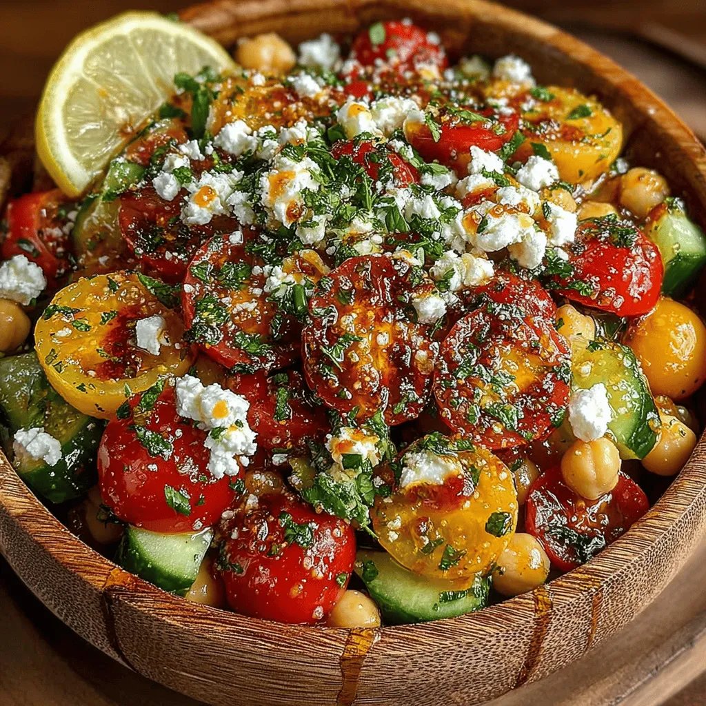 - 1 can (15 oz) chickpeas, drained and rinsed - 1 cucumber, diced - 1 cup cherry tomatoes, halved - 1 bell pepper, diced (any color) - 1/4 red onion, finely chopped - 1/2 cup feta cheese, crumbled - 1/4 cup olives, pitted and sliced (Kalamata or green) - 1/4 cup fresh parsley, chopped - 1/4 cup fresh mint, chopped - 3 tablespoons olive oil - 2 tablespoons red wine vinegar - 1 teaspoon dried oregano - Salt and pepper to taste