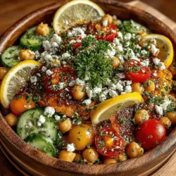 - 1 can (15 oz) chickpeas, drained and rinsed - 1 cucumber, diced - 1 cup cherry tomatoes, halved - 1 bell pepper, diced (any color) - 1/4 red onion, finely chopped - 1/2 cup feta cheese, crumbled - 1/4 cup olives, pitted and sliced (Kalamata or green) - 1/4 cup fresh parsley, chopped - 1/4 cup fresh mint, chopped - 3 tablespoons olive oil - 2 tablespoons red wine vinegar - 1 teaspoon dried oregano - Salt and pepper to taste