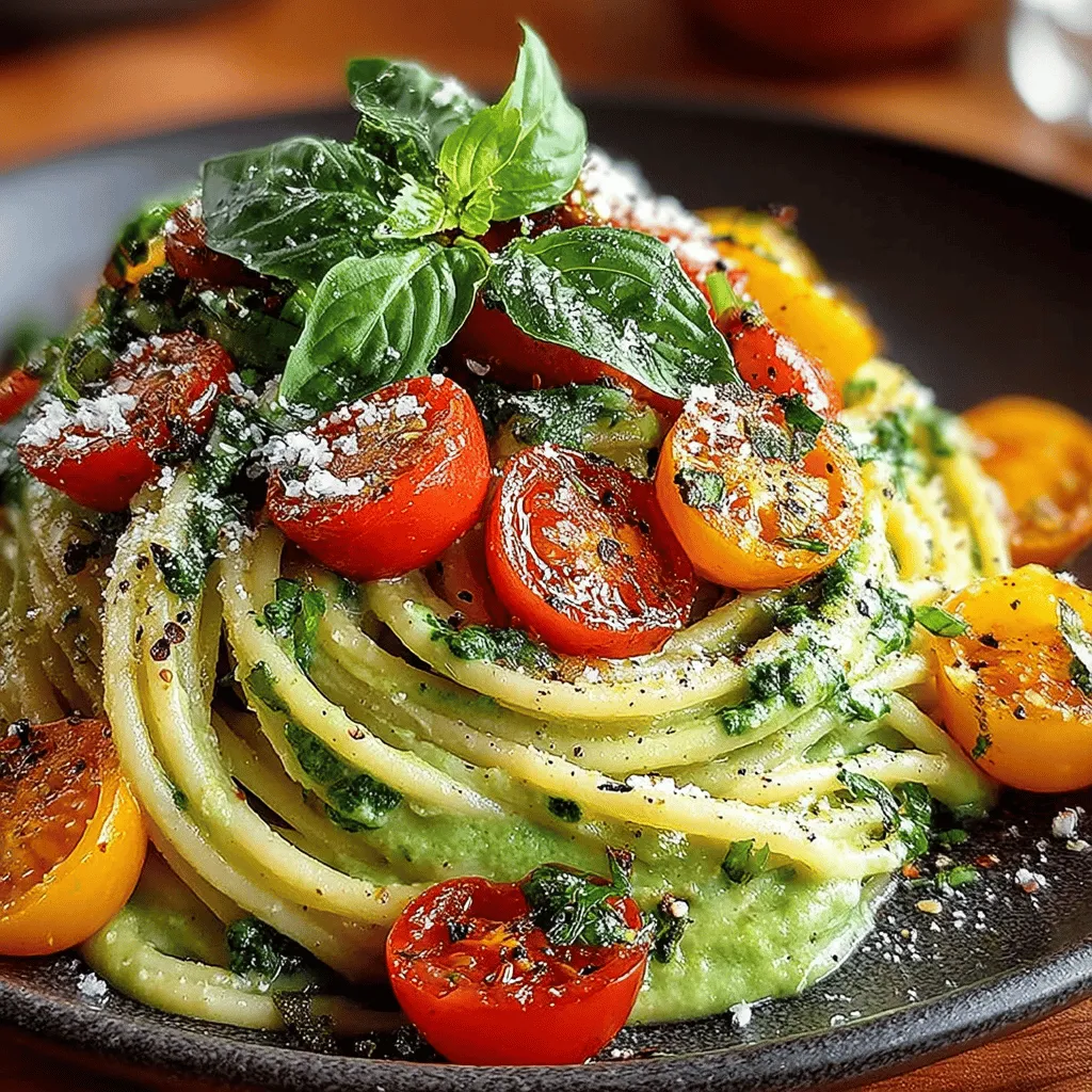 - 8 ounces spaghetti or preferred pasta - 2 ripe avocados - 1 cup fresh basil leaves - 2 cloves garlic, minced - 2 tablespoons fresh lemon juice - 3 tablespoons extra virgin olive oil - Salt, to taste - Black pepper, to taste - Optional: red pepper flakes, for heat - 1 cup cherry tomatoes, halved - 1/2 cup grated Parmesan cheese (or nutritional yeast for a vegan option)