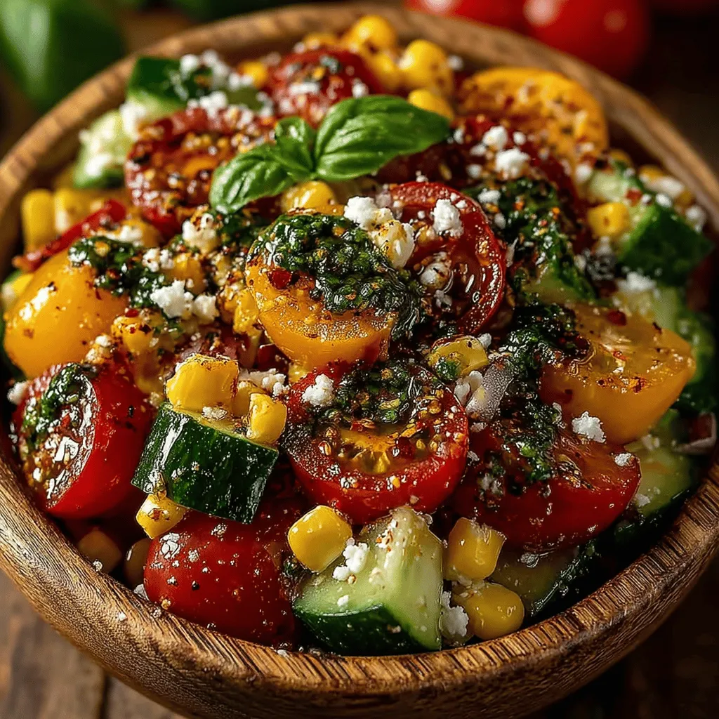 - 4 cups heirloom tomatoes, diced - 2 cups fresh sweet corn (about 3-4 ears) - 1 medium red onion, finely chopped - 1 medium cucumber, diced - 1/4 cup fresh basil (a mix of sweet and lemon basil), chopped - 1/4 cup extra-virgin olive oil - 2 tablespoons apple cider vinegar - 1 tablespoon honey - 1 teaspoon smoked paprika - Salt and pepper to taste