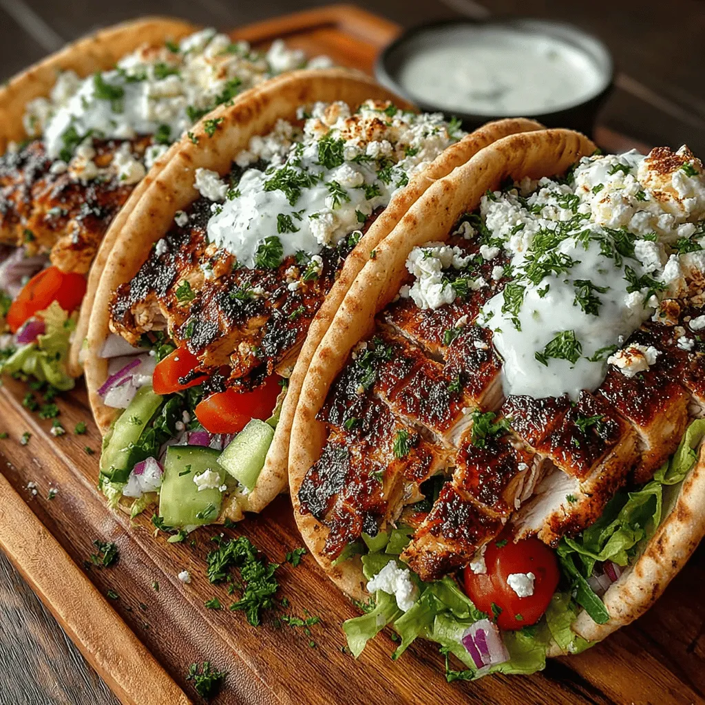 - 2 boneless, skinless chicken breasts - 3 tablespoons olive oil - 2 tablespoons lemon juice - 2 cloves garlic, minced - 1 teaspoon dried oregano - 1 teaspoon paprika - Salt and pepper to taste - 4 whole wheat pita breads - 1 cup cherry tomatoes, halved - 1 cucumber, diced - 1 red onion, thinly sliced - 1 cup mixed greens (e.g., lettuce, arugula) - 1/2 cup feta cheese, crumbled - 1 cup tzatziki sauce