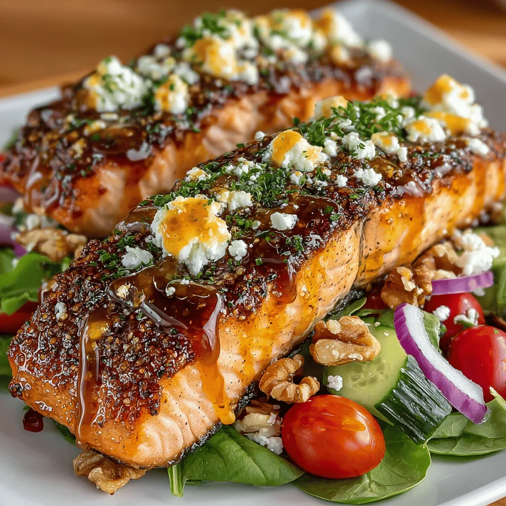 - 2 salmon fillets - 2 tablespoons honey - 2 tablespoons Dijon mustard - 1 tablespoon olive oil - Salt and pepper to taste - 4 cups mixed salad greens (spinach, arugula, romaine) - 1 cup cherry tomatoes, halved - 1/2 cucumber, sliced - 1/4 red onion, thinly sliced - 1/4 cup crumbled feta cheese (optional) - 1/4 cup chopped nuts (such as almonds or walnuts)