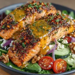 - 2 salmon fillets - 2 tablespoons honey - 2 tablespoons Dijon mustard - 1 tablespoon olive oil - Salt and pepper to taste - 4 cups mixed salad greens (spinach, arugula, romaine) - 1 cup cherry tomatoes, halved - 1/2 cucumber, sliced - 1/4 red onion, thinly sliced - 1/4 cup crumbled feta cheese (optional) - 1/4 cup chopped nuts (such as almonds or walnuts)