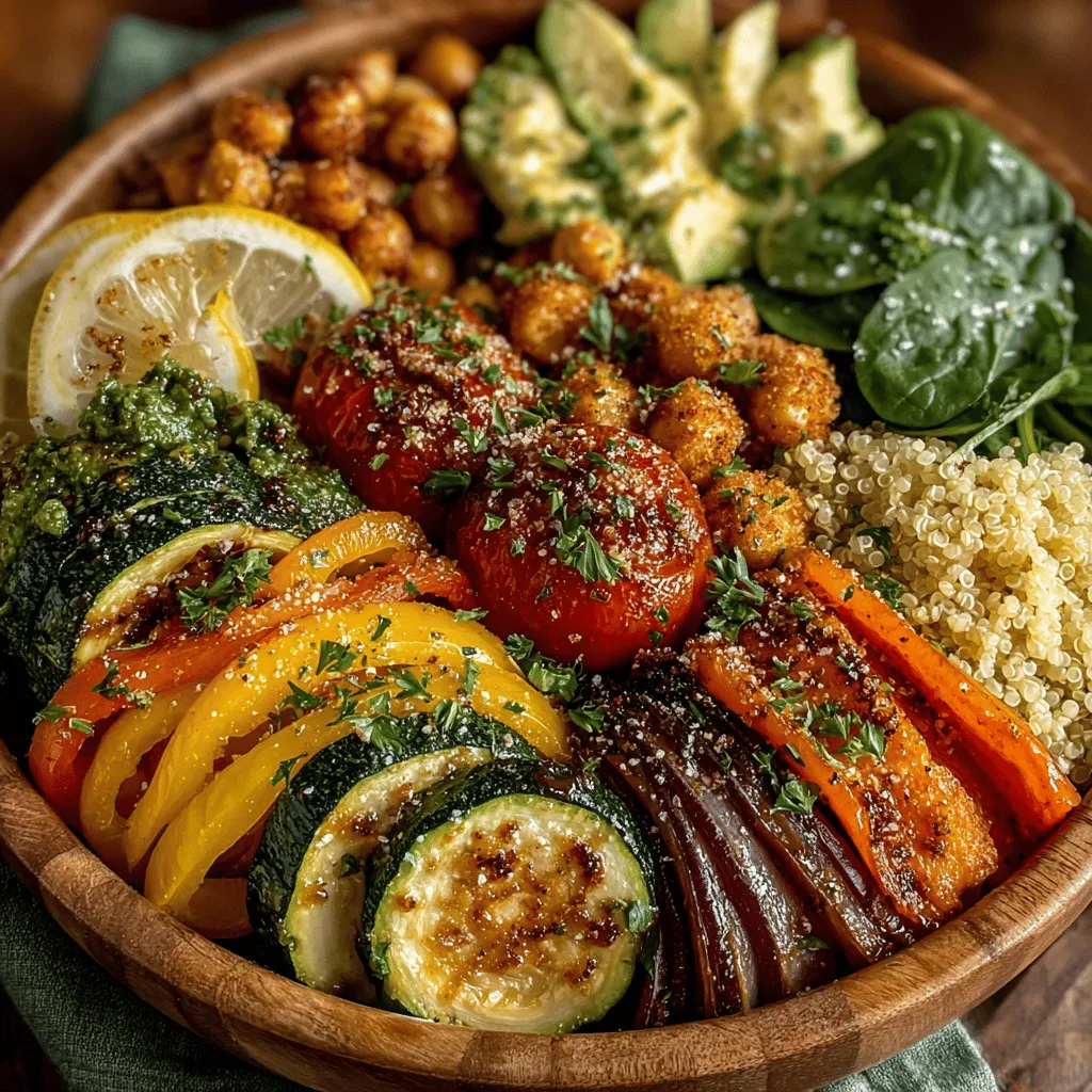 - 1 cup quinoa - 2 cups vegetable broth (or water) - 1 zucchini, diced - 1 red bell pepper, diced - 1 yellow bell pepper, diced - 2 carrots, sliced - 1 red onion, sliced - 2 tablespoons olive oil - 1 teaspoon garlic powder - 1 teaspoon paprika - Salt and pepper, to taste - Fresh parsley or cilantro, for garnish - Optional toppings: avocado, chickpeas, or feta cheese
