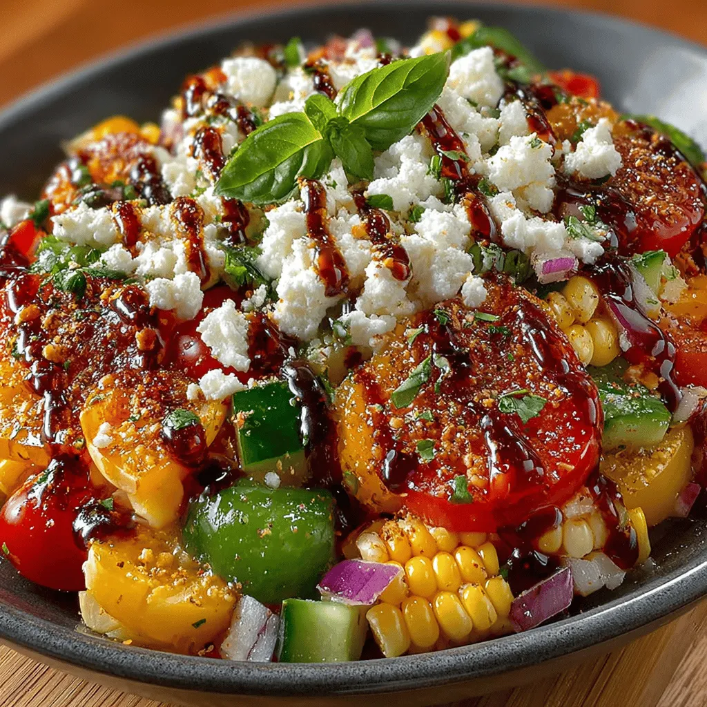 - 4 cups heirloom tomatoes, diced - 2 cups fresh corn kernels (about 3-4 ears of corn) - 1 small red onion, finely chopped - 1 cucumber, diced - 1/2 cup fresh basil leaves, torn - 1/2 cup feta cheese, crumbled (optional) - 1/4 cup extra virgin olive oil - 2 tablespoons apple cider vinegar - 1 tablespoon honey - Salt and pepper to taste
