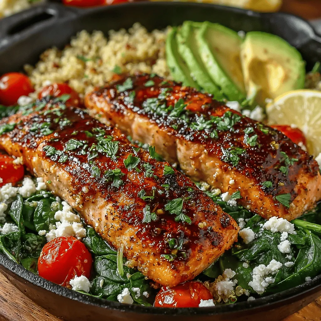 - 4 salmon fillets - 2 tablespoons olive oil - 4 cloves garlic, minced - Juice and zest of 2 lemons - Salt and pepper, to taste - 1 teaspoon dried oregano - 1 cup quinoa or brown rice - 2 cups fresh spinach or arugula - Optional: crumbled feta or goat cheese for topping