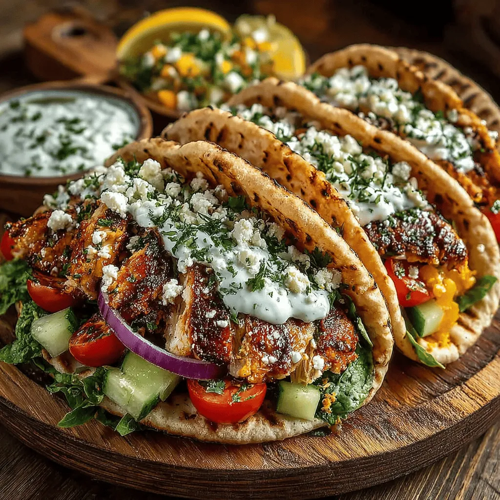 - 2 boneless, skinless chicken breasts - 3 tablespoons olive oil - 1 tablespoon dried oregano - 1 teaspoon garlic powder - 1 teaspoon onion powder - 1 teaspoon smoked paprika - Salt and pepper to taste - 4 whole wheat pita breads - 1 cup cucumber, diced - 1 cup cherry tomatoes, halved - 1/2 red onion, thinly sliced - 1 cup fresh spinach leaves - 1/2 cup Greek yogurt - 1/2 cup feta cheese, crumbled - Fresh lemon wedges (for serving)