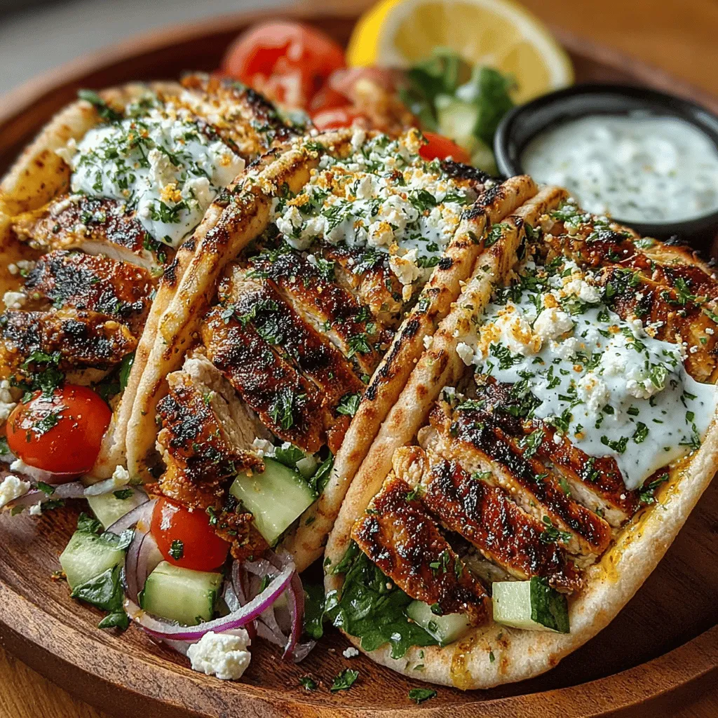 - 2 boneless, skinless chicken breasts - 3 tablespoons olive oil - 1 tablespoon dried oregano - 1 teaspoon garlic powder - 1 teaspoon onion powder - 1 teaspoon smoked paprika - Salt and pepper to taste - 4 whole wheat pita breads - 1 cup cucumber, diced - 1 cup cherry tomatoes, halved - 1/2 red onion, thinly sliced - 1 cup fresh spinach leaves - 1/2 cup Greek yogurt - 1/2 cup feta cheese, crumbled - Fresh lemon wedges (for serving)