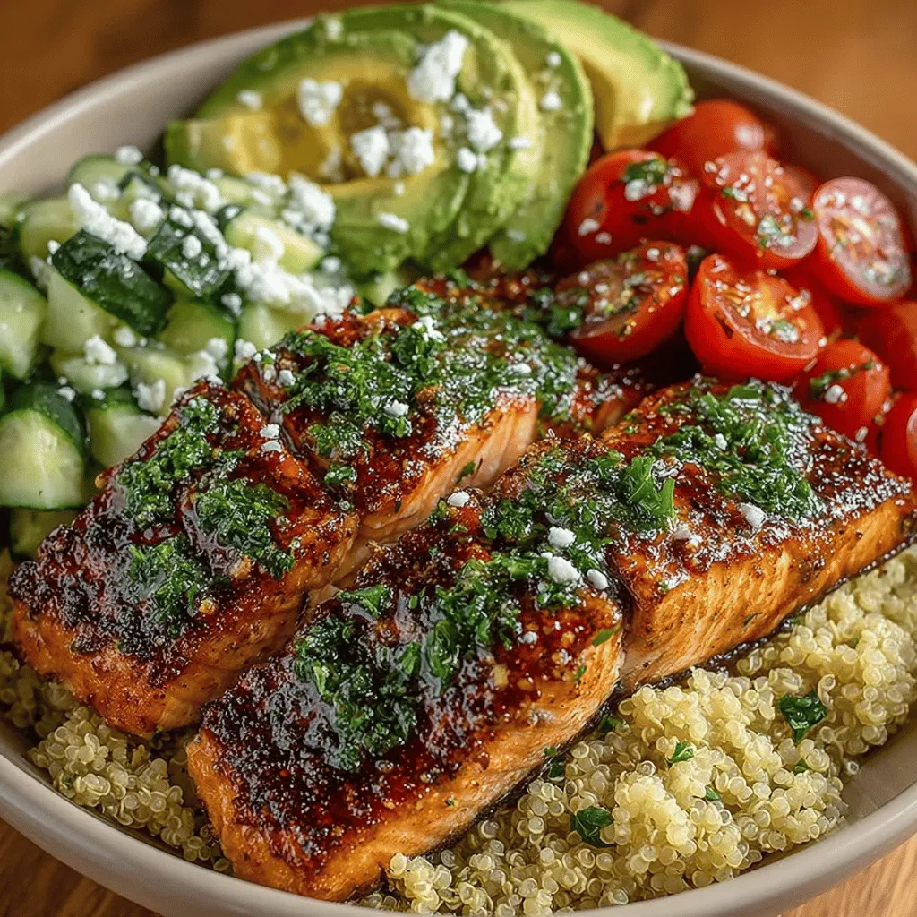 - 4 salmon fillets - 1 cup quinoa - 2 cups water or vegetable broth - 4 tablespoons olive oil - 4 cloves garlic, minced - Zest and juice of 2 lemons - 2 teaspoons dried oregano - Salt and pepper, to taste - 1 cucumber, diced - 1 cup cherry tomatoes, halved - 1 avocado, sliced - Fresh parsley or cilantro, for garnish
