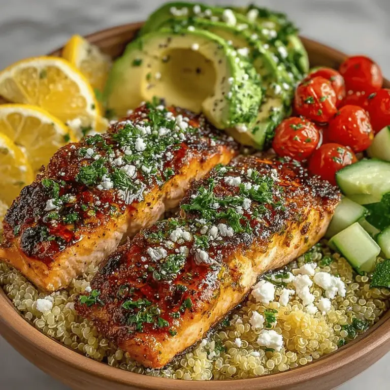 - 4 salmon fillets - 1 cup quinoa - 2 cups water or vegetable broth - 4 tablespoons olive oil - 4 cloves garlic, minced - Zest and juice of 2 lemons - 2 teaspoons dried oregano - Salt and pepper, to taste - 1 cucumber, diced - 1 cup cherry tomatoes, halved - 1 avocado, sliced - Fresh parsley or cilantro, for garnish