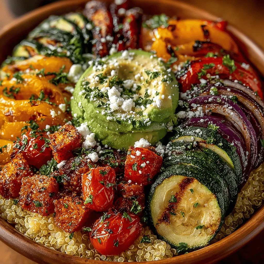 - 1 cup quinoa - 2 cups vegetable broth (or water) - 1 medium sweet potato, peeled and cubed - 1 red bell pepper, chopped - 1 medium zucchini, sliced - 1 red onion, chopped - 2 tablespoons olive oil - 1 teaspoon garlic powder - 1 teaspoon smoked paprika - 1 teaspoon dried oregano - Salt and pepper to taste - Fresh parsley for garnish (optional)