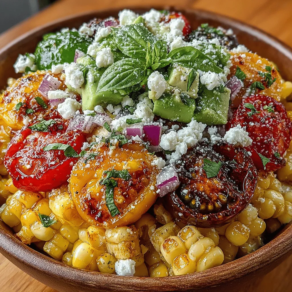 - 4 cups heirloom tomatoes, diced - 2 cups fresh corn kernels (about 3-4 ears of corn) - 1 red bell pepper, diced - 1 small red onion, finely chopped - 1 cup fresh basil, roughly chopped - 1 cup feta cheese, crumbled - 1 avocado (optional), diced - 2 tablespoons olive oil - 1 tablespoon balsamic vinegar - Salt and pepper to taste