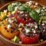 - 4 cups heirloom tomatoes, diced - 2 cups fresh corn kernels (about 3-4 ears of corn) - 1 red bell pepper, diced - 1 small red onion, finely chopped - 1 cup fresh basil, roughly chopped - 1 cup feta cheese, crumbled - 1 avocado (optional), diced - 2 tablespoons olive oil - 1 tablespoon balsamic vinegar - Salt and pepper to taste