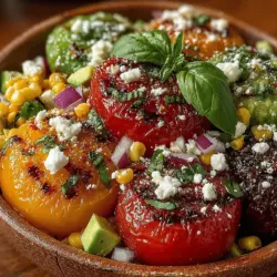 - 4 cups heirloom tomatoes, diced - 2 cups fresh corn kernels (about 3-4 ears of corn) - 1 red bell pepper, diced - 1 small red onion, finely chopped - 1 cup fresh basil, roughly chopped - 1 cup feta cheese, crumbled - 1 avocado (optional), diced - 2 tablespoons olive oil - 1 tablespoon balsamic vinegar - Salt and pepper to taste