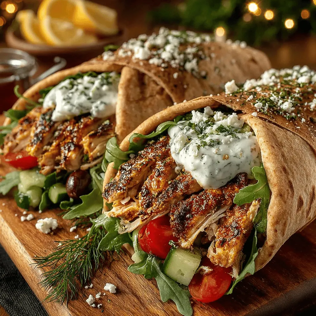 - 2 boneless, skinless chicken breasts - 2 tablespoons olive oil - 3 cloves garlic, minced - 1 teaspoon dried oregano - 1 teaspoon smoked paprika - Salt and pepper to taste - 4 whole wheat pitas - 1 cup cherry tomatoes, halved - 1 cucumber, diced - 1 red onion, thinly sliced - 1 cup mixed greens (such as spinach and arugula) - ½ cup feta cheese, crumbled - Fresh parsley, chopped (for garnish) - Lemon wedges (for serving)
