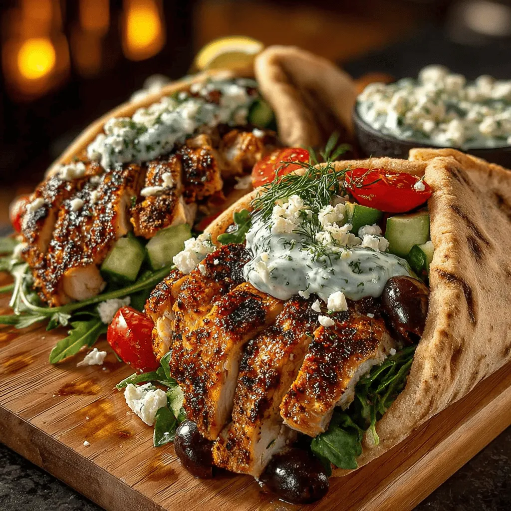 - 2 boneless, skinless chicken breasts - 2 tablespoons olive oil - 3 cloves garlic, minced - 1 teaspoon dried oregano - 1 teaspoon smoked paprika - Salt and pepper to taste - 4 whole wheat pitas - 1 cup cherry tomatoes, halved - 1 cucumber, diced - 1 red onion, thinly sliced - 1 cup mixed greens (such as spinach and arugula) - ½ cup feta cheese, crumbled - Fresh parsley, chopped (for garnish) - Lemon wedges (for serving)